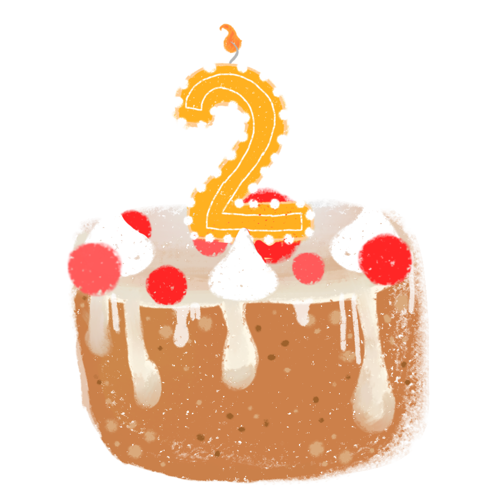 A drawn cake, inspired by Minecraft, is depicted. It has a brown base, topped with white frosting that drips down the sides. Scattered across the frosting are red cherries and small white swirls. An orange number '2' candle is placed on top of the cake. 